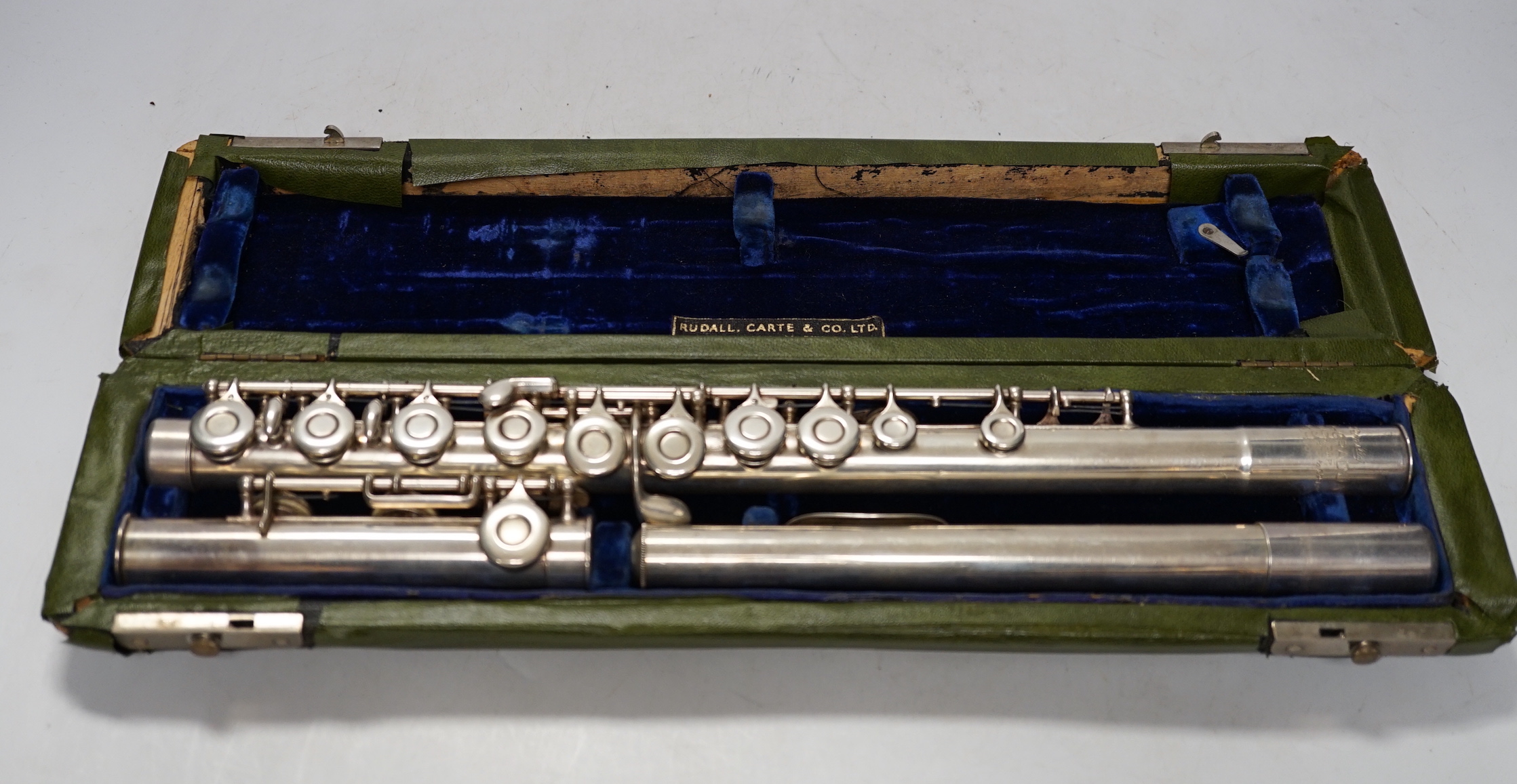 A cased Rudall, Carte & Co. flute, with closed hole key work and sterling silver head joint